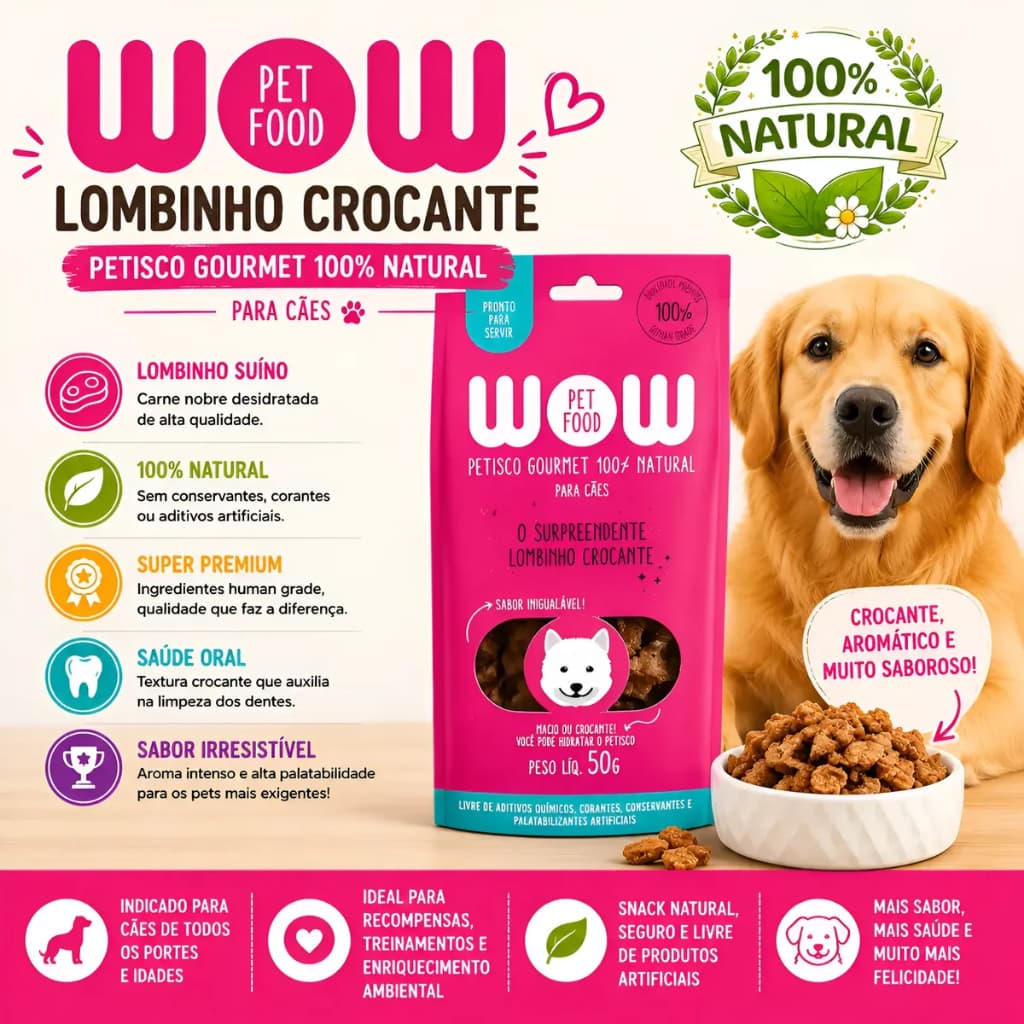 Petisco Natural Para Cachorro Wow Lombinho Crocante Desidratado 50g