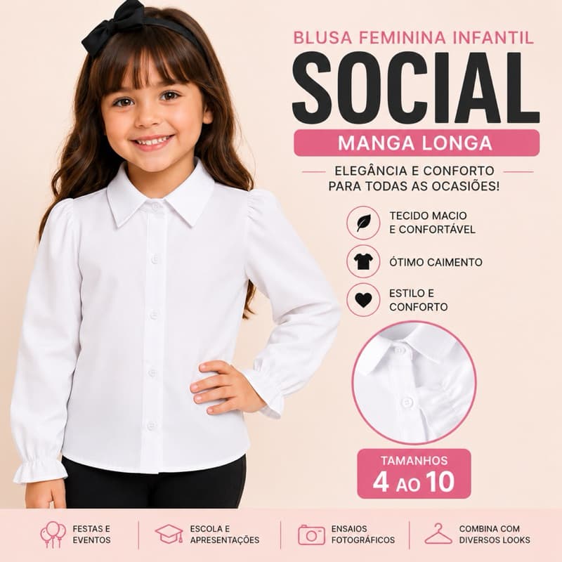 Blusa Social Infantil Branca Manga Longa Gola Colarinho Princesa 4 ao 10