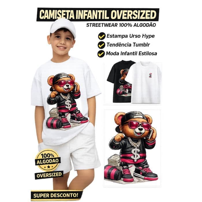 Camiseta Infantil Oversized Streetwear Urso Hype 100% Algodão Moda Estilosa