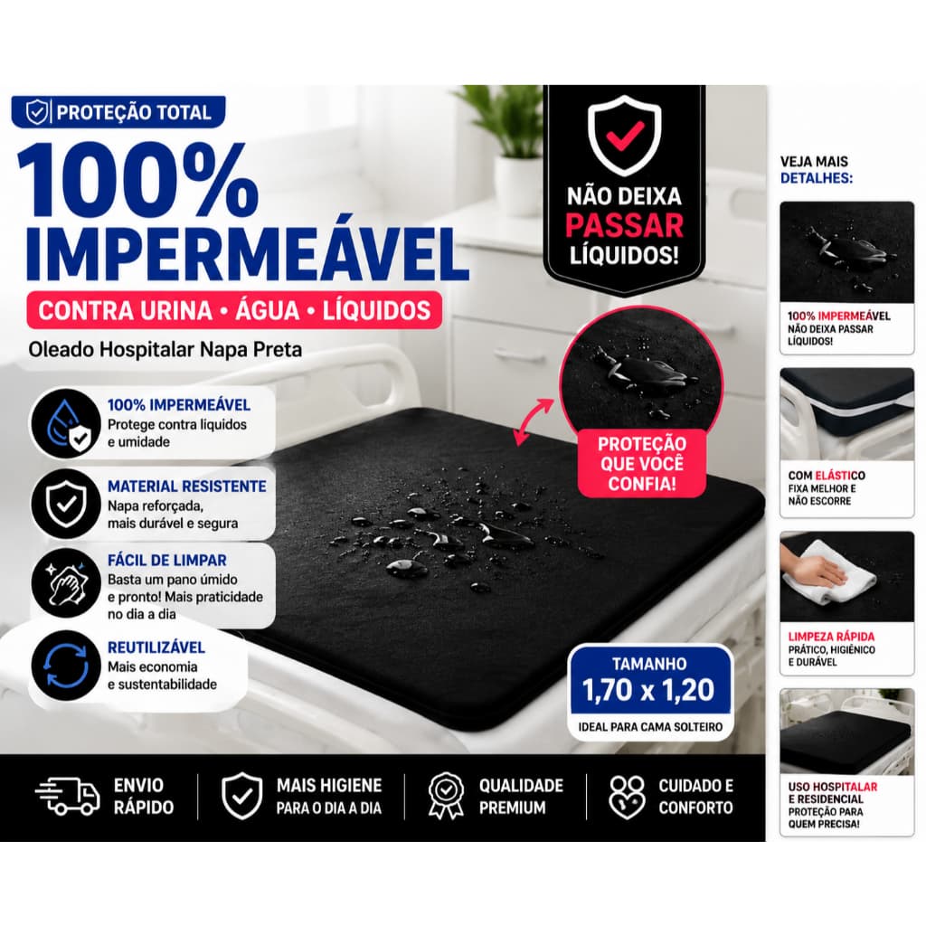 Oleado Hospitalar Impermeável 100% Napa Preta 1,70x1,20 Protetor Para Colchão Cama Hospitalar