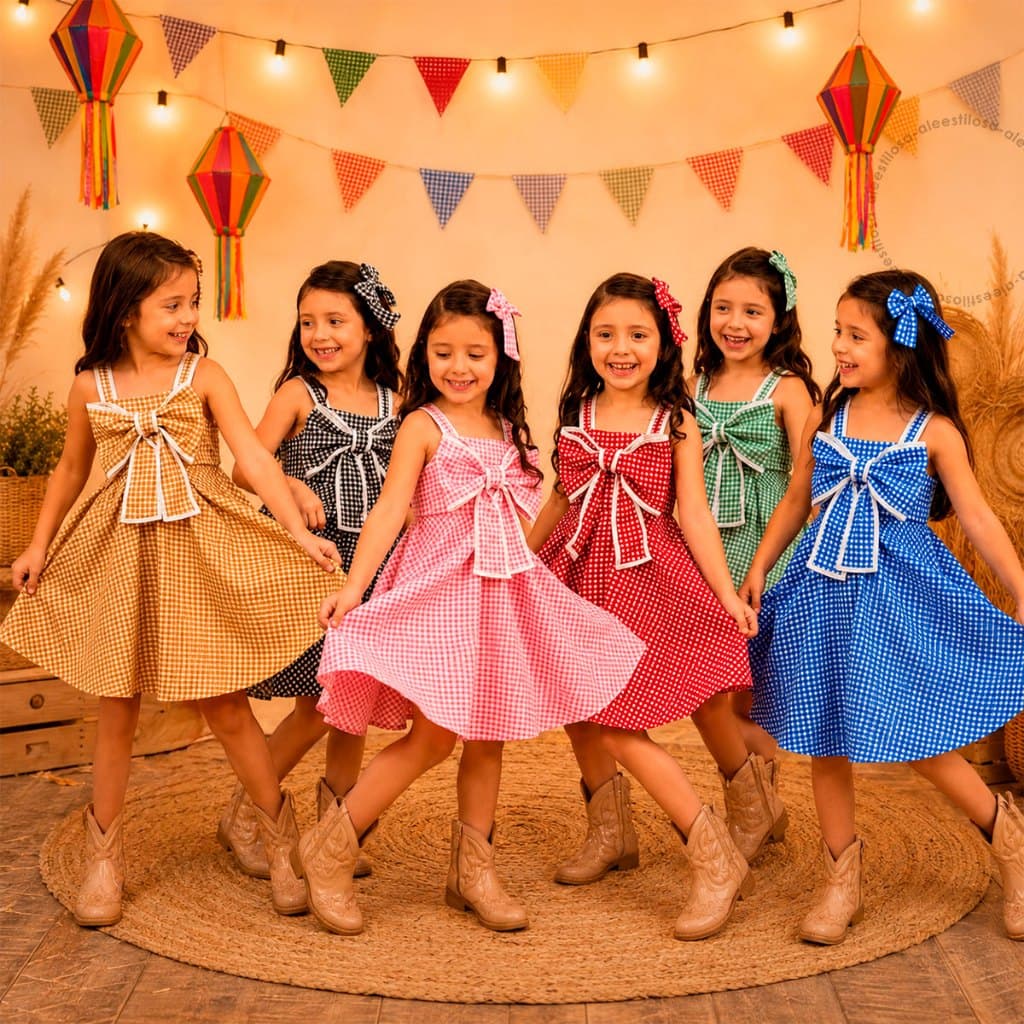 Vestido Laçarote Infantil Xadrez Festa Junina com Laço Poliéster São João Menina