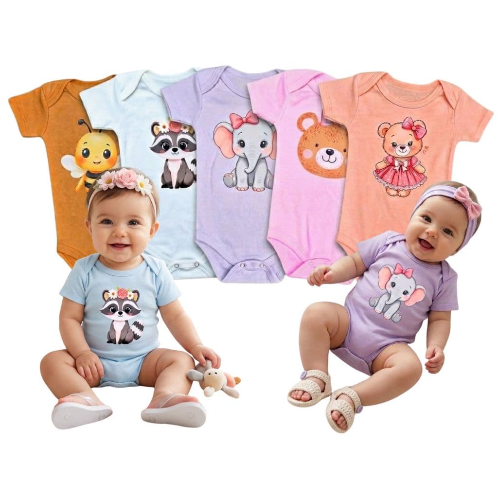 Kit Com 5 Body Infantil Feminino Bebê Manga Curta - Várias Cores e Estampas