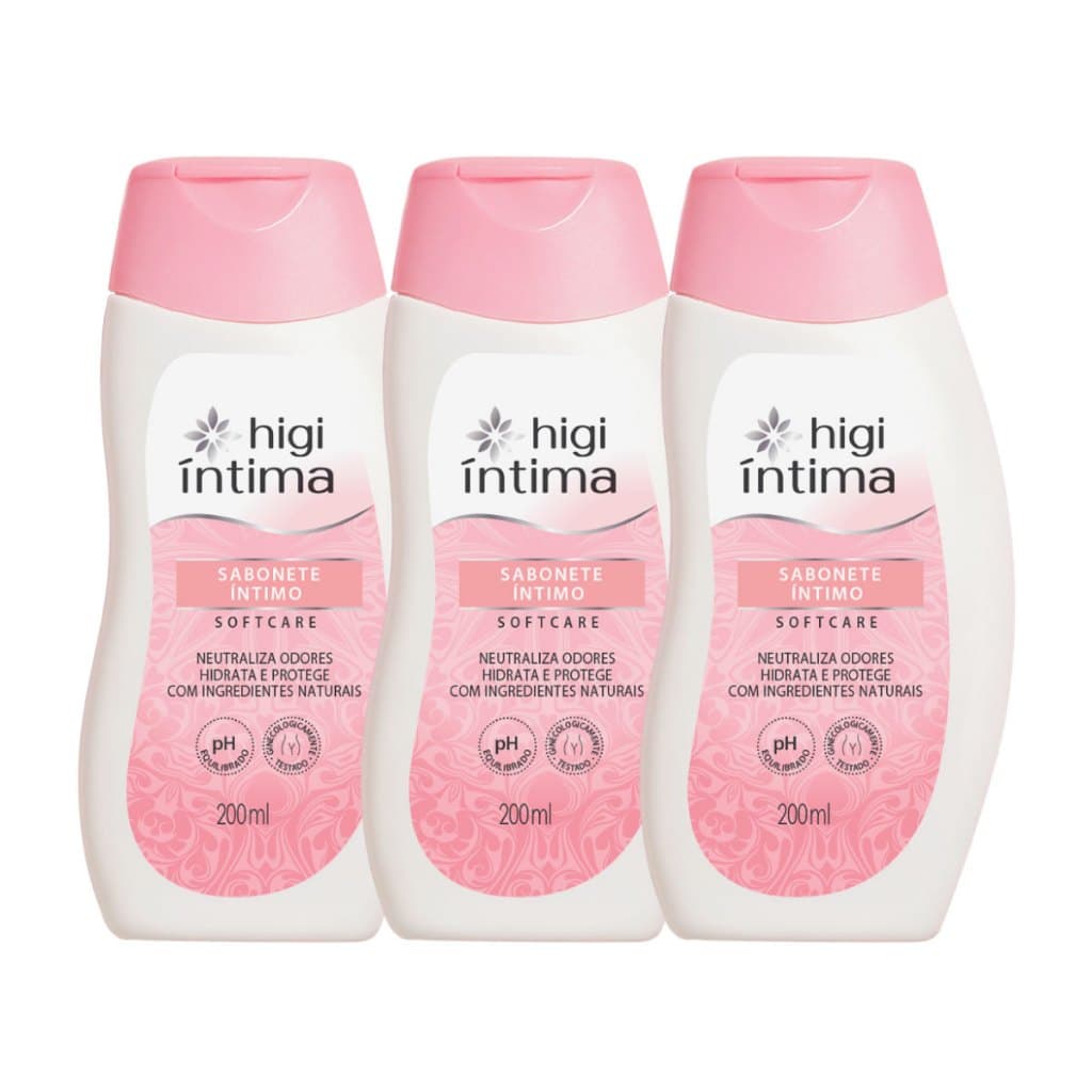 Combo Sabonete Líquido Íntimo 200ml Softcare 3 Un. com pH Neutro Hidrata e Protege com Ingredientes Naturais Higi Mulher