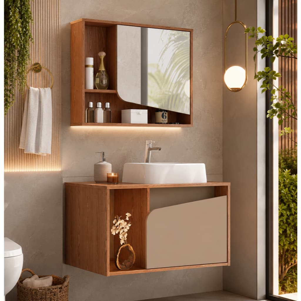 Kit Banheiro Completo com Espelheira, Gabinete e Cuba Sobreposta Delta Detalhes Organicos Design Moderno e Elegante
