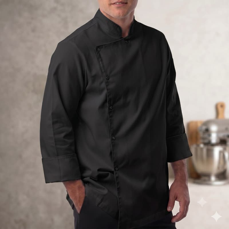 Dolmã Jaleco Chef Cozinha Oxford Preta Manga 3/8 Botão Pressão Nome Bordado Unissex Gastronomia Restaurante Dolma Doma