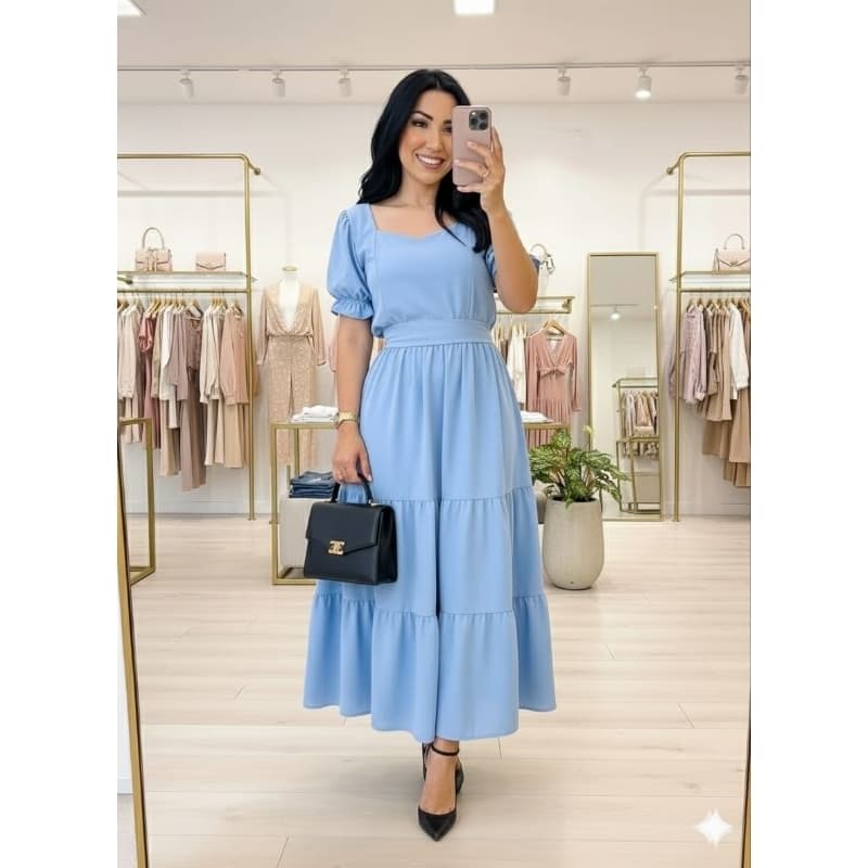 Vestido Midi Feminino Manga Princesa Três Marias Moda Evangélica Com Faixa Cinto Lindas Cores
