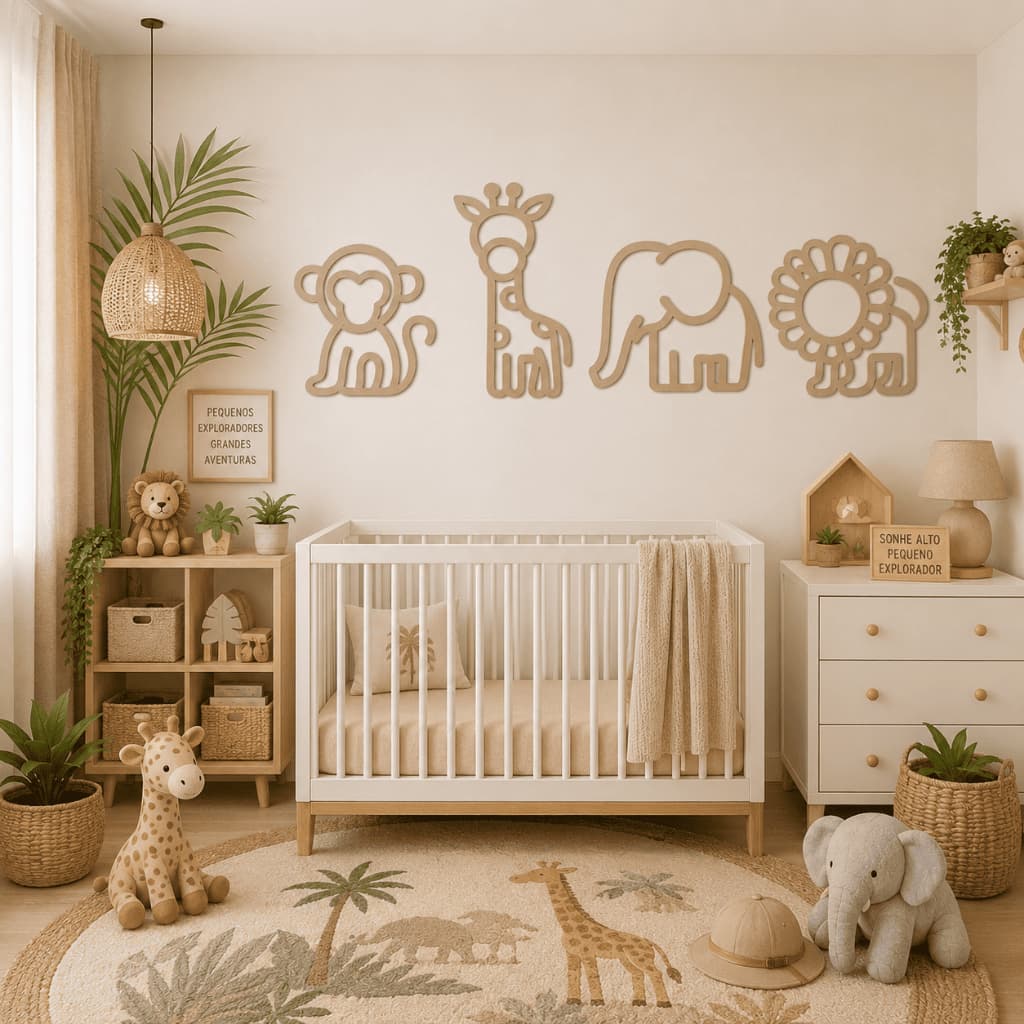 Kit 4 Peças Safari Moderno Minimalista - Safari 3D 19cm Decoração de quarto de bebê