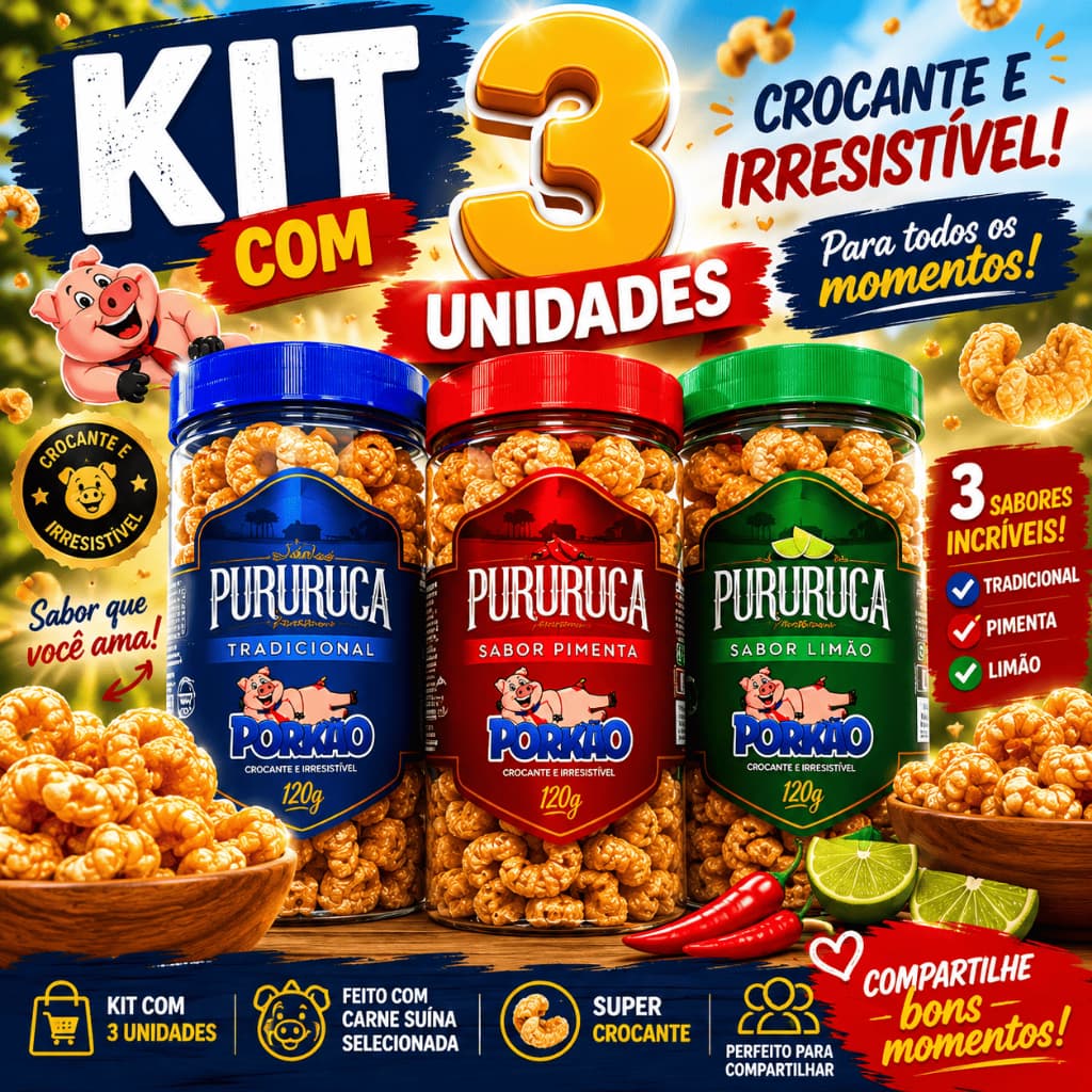 Porkão - Pururuca Crocante 120g Natural, Limão e Pimenta Petisco de Pele Suína Ideal Para Aperitivos e Reuniões