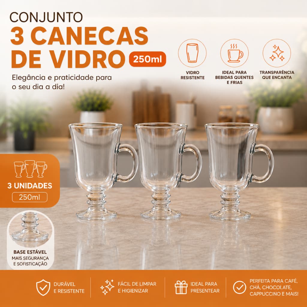 Trio Canecas Vidro Transparente 250ml Copos Resistente Cozinha
