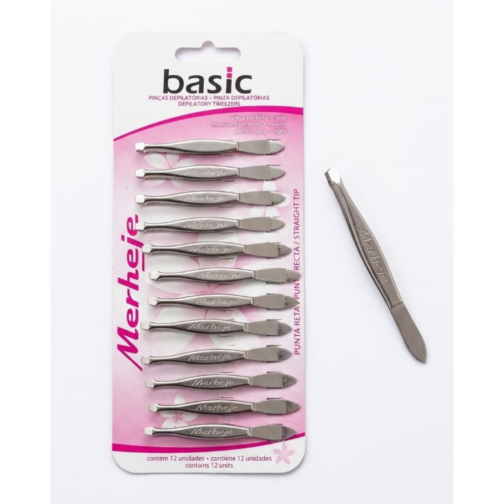 Kit 12 24 36 48 Pinças Merheje Basic Profissional para Sobrancelha em Cartela