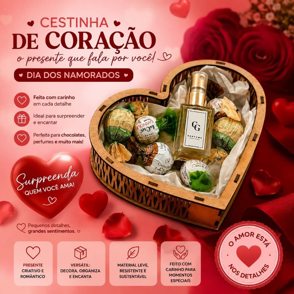 Cestinha Coração MDF Decorativa Presente Lembrancinha Organização Bombom Chocolate Dia dos Namorados