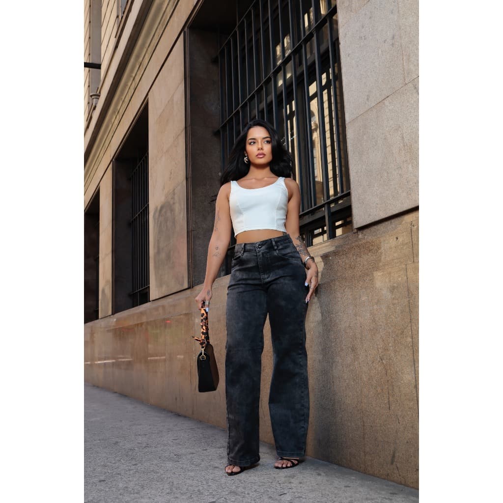 Calça Jeans Feminina Wide Leg Cinza