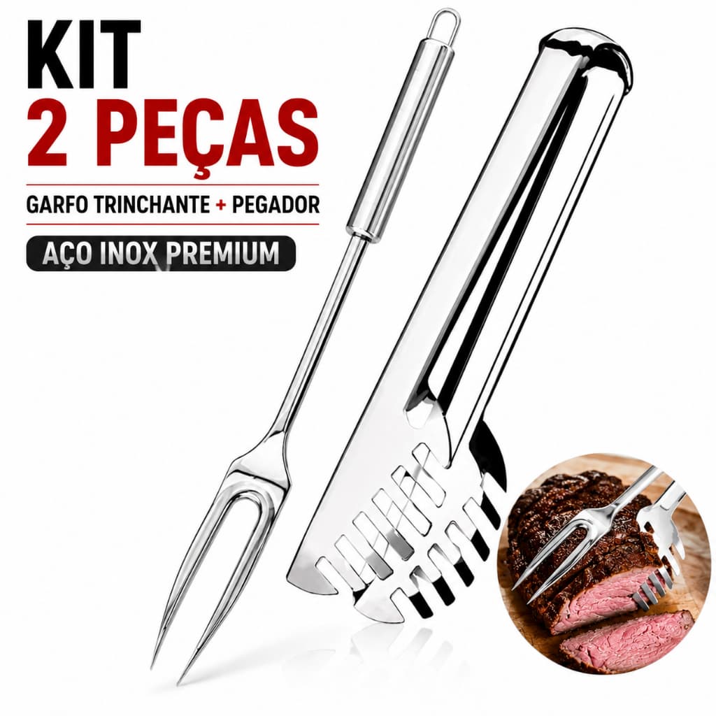 Kit de Garfo Trinchante Para Churrasco e Pegador de Carne, Massas e Salada Multiuso Em Inox Premium Churrascaria.