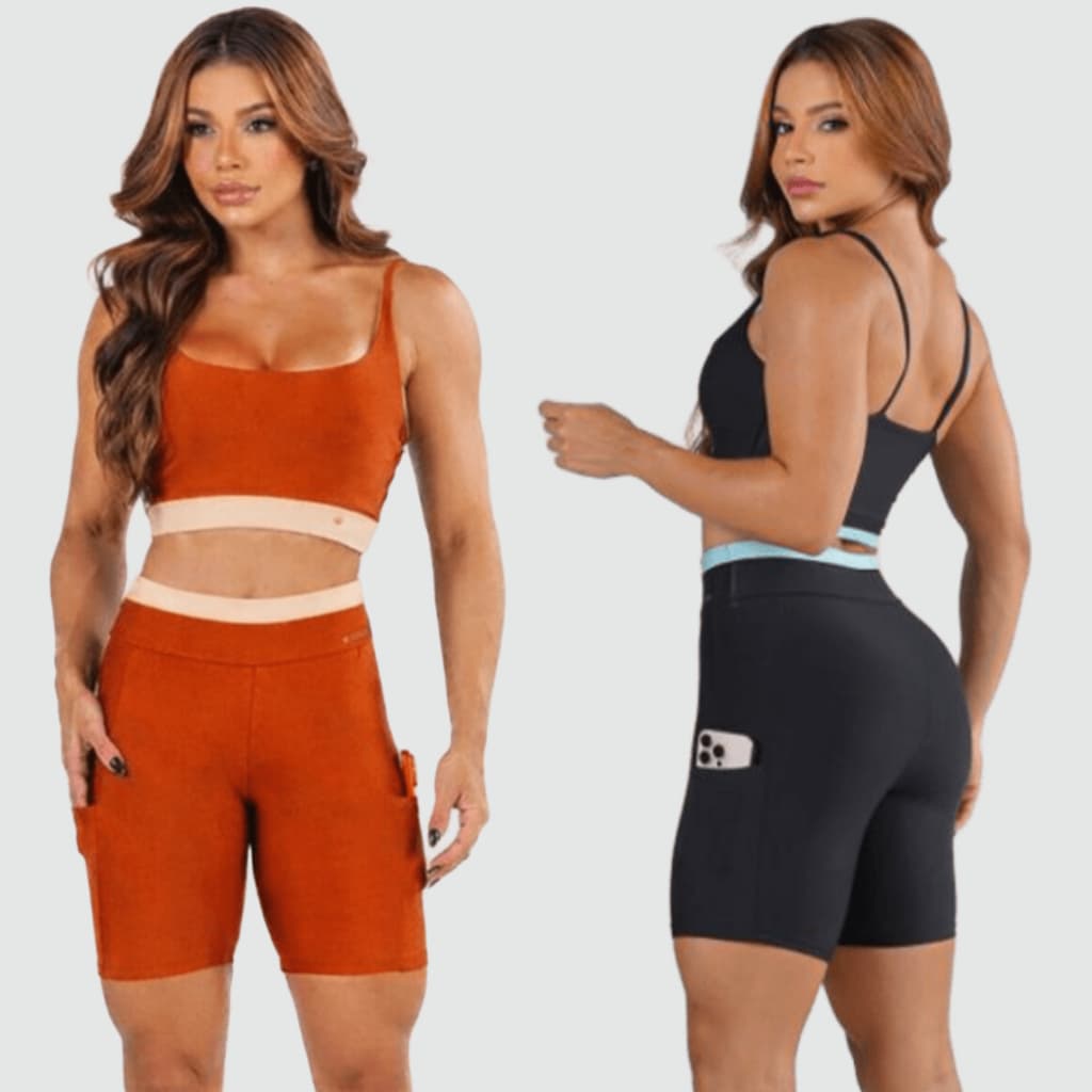 Roupa de Academia Feminina - Conjunto Fitness - Short Médio com Bolso +Top - Esporte, Corrida