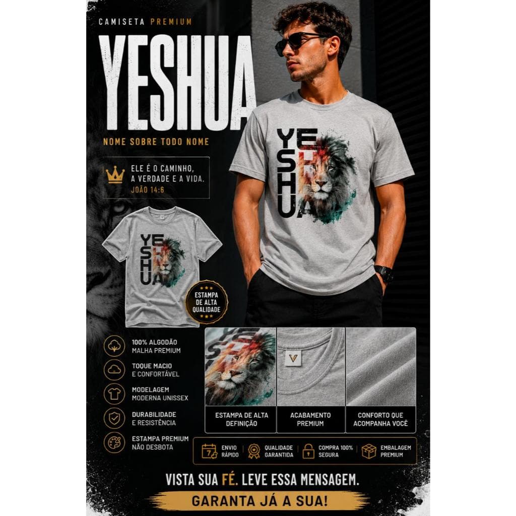 Camiseta Yeshua Leão de Judá Masculina Feminina Unissex Premium 100% Algodão Estampada Gospel Cristã