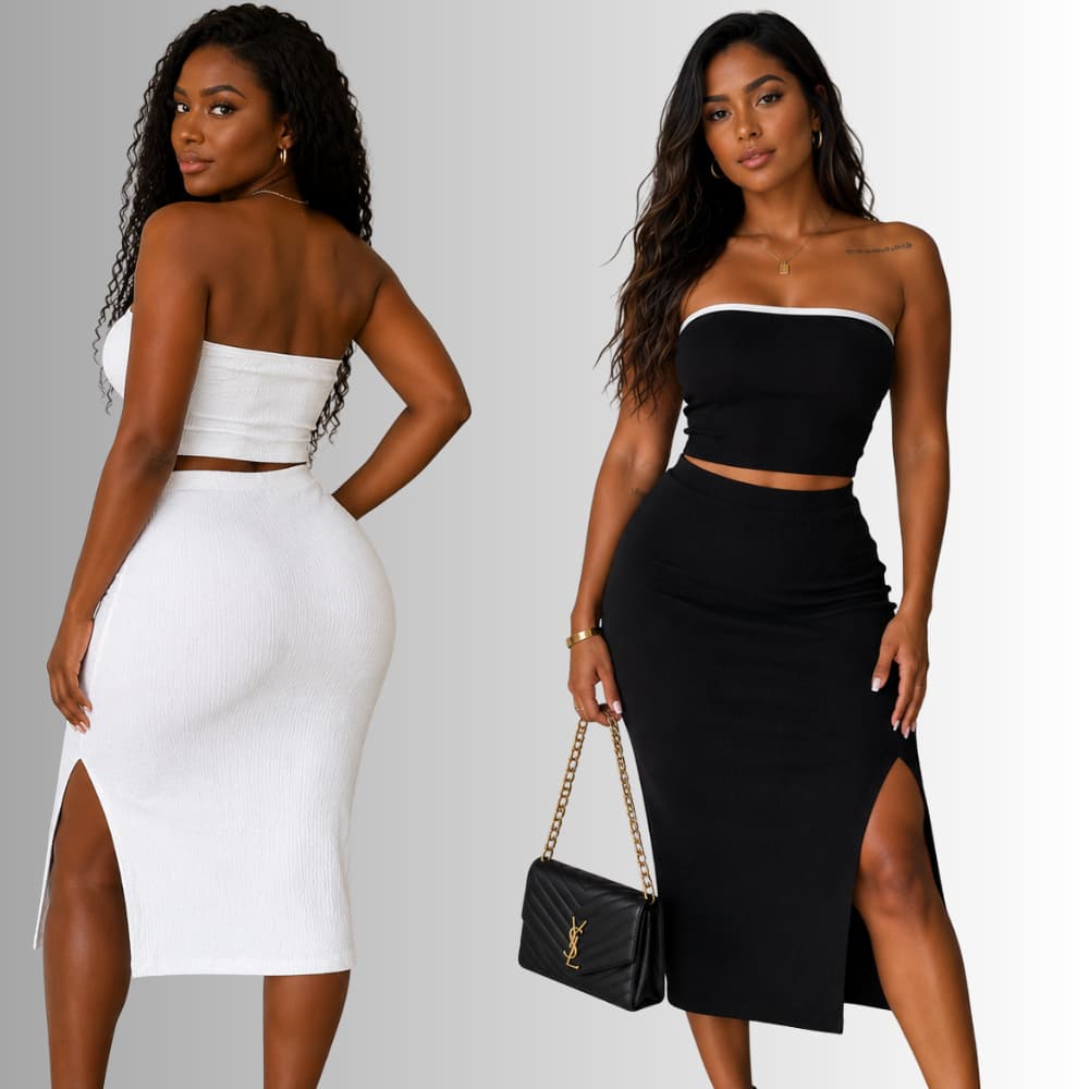 Conjunto Saia Midi e Top Feminino fenda Lateral Zero Transparência Tecido Anarruga Moda Gringa