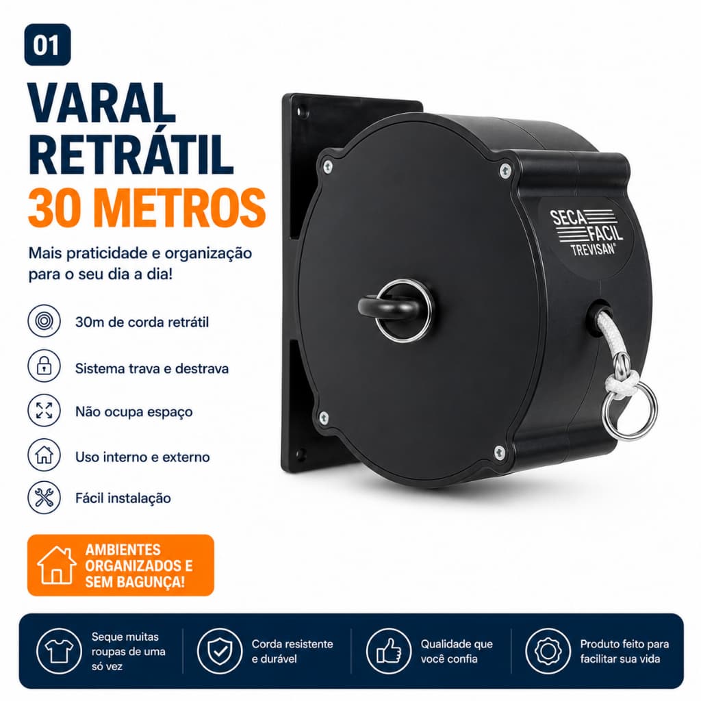 Varal De Roupas Retrátil Recolhivel Para Parede Seca Fácil Com Corda De 30m Manivela Apartamento