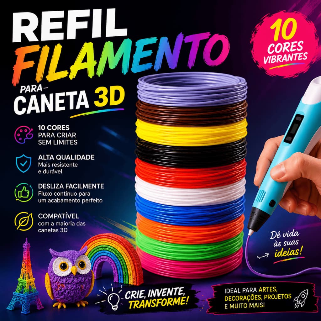Kit Refil Filamento PLA Caneta 3D 10 Cores 50/100/150m Impressora 3D Rolos 1,75mm
