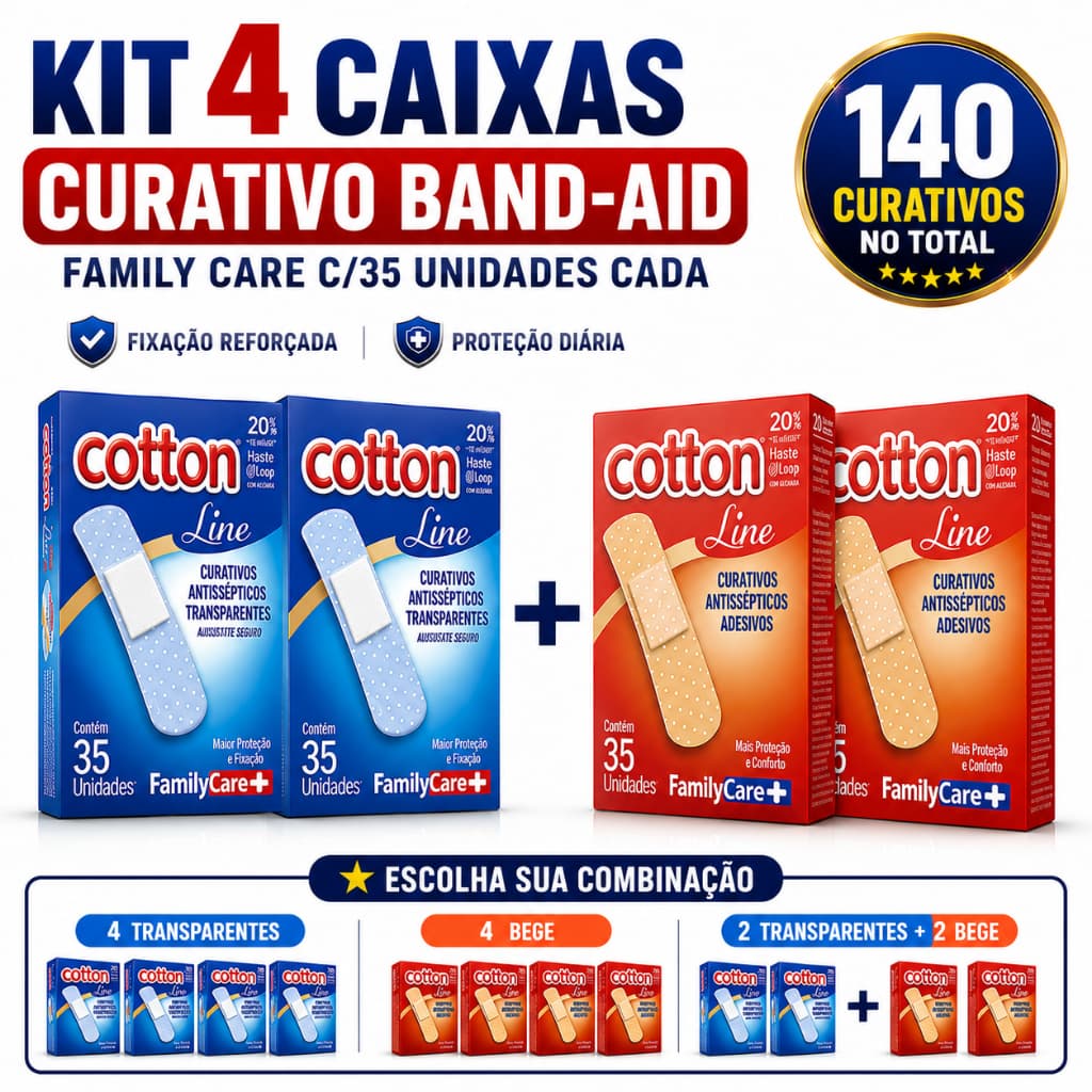 KIT 4 CAIXAS CURATIVO BAND-AID FAMILY CARE C/35 UNIDADES CADA FLEXÍVEL ALTA FIXAÇÃO PROTEÇÃO SEGURA