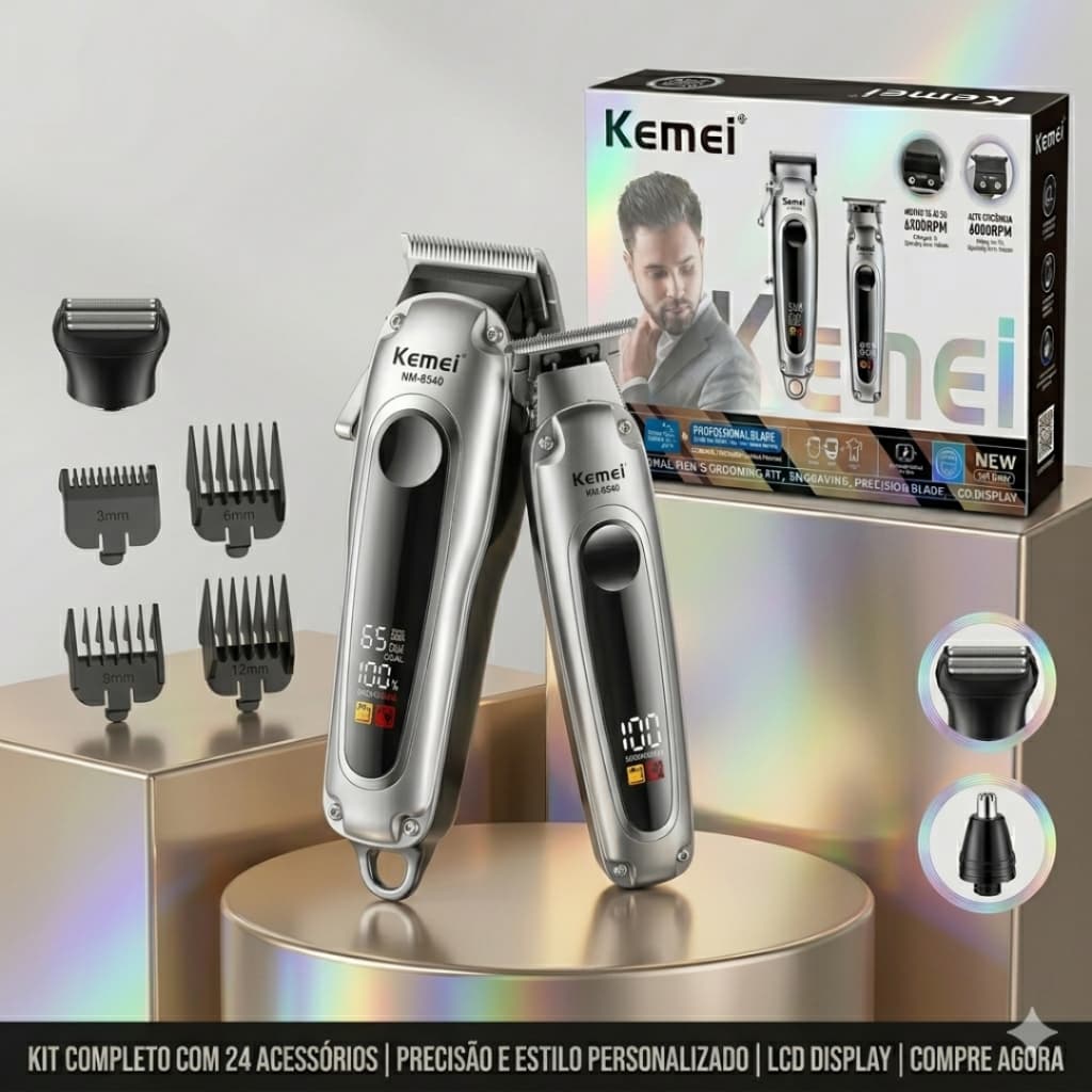 Kit Barbeiro Profissional Kemei Km - 8540 Máquina De Corte Aparador Shaver Sem Fio LCD Display
