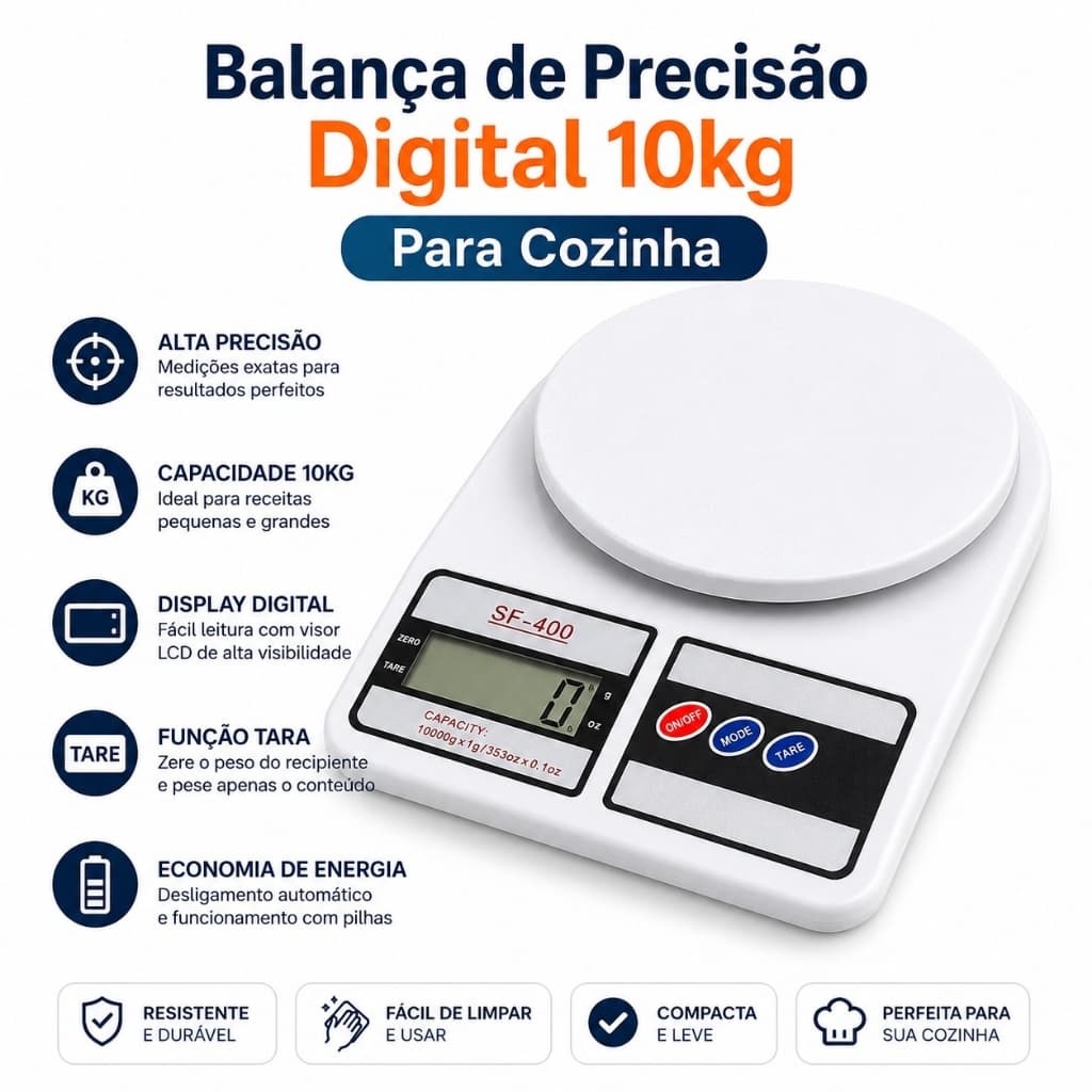 Balança de Precisão Digital 10kg Para Cozinha Pesagem de Alimentos Padaria Confeitaria