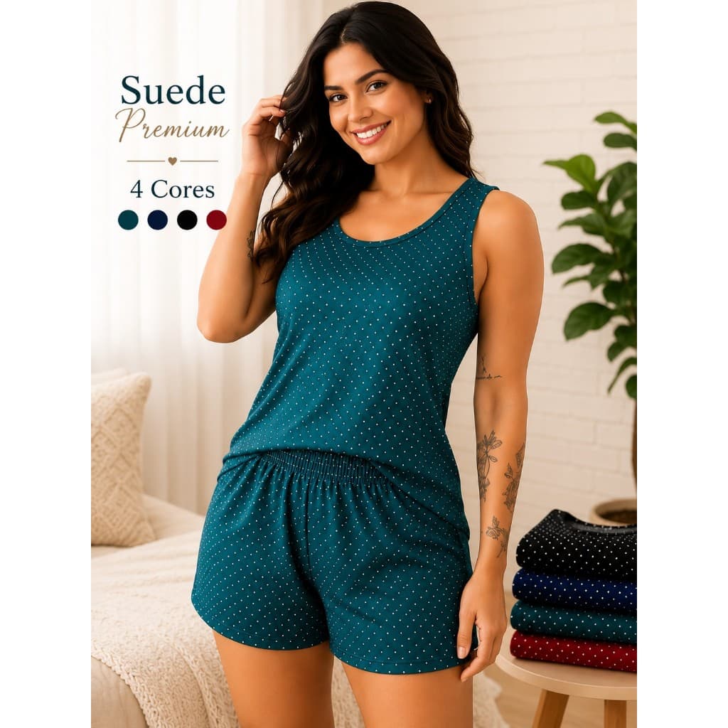 Pijama Feminino Baby Doll Suede Regata Short Poá Premium Macio Confortável