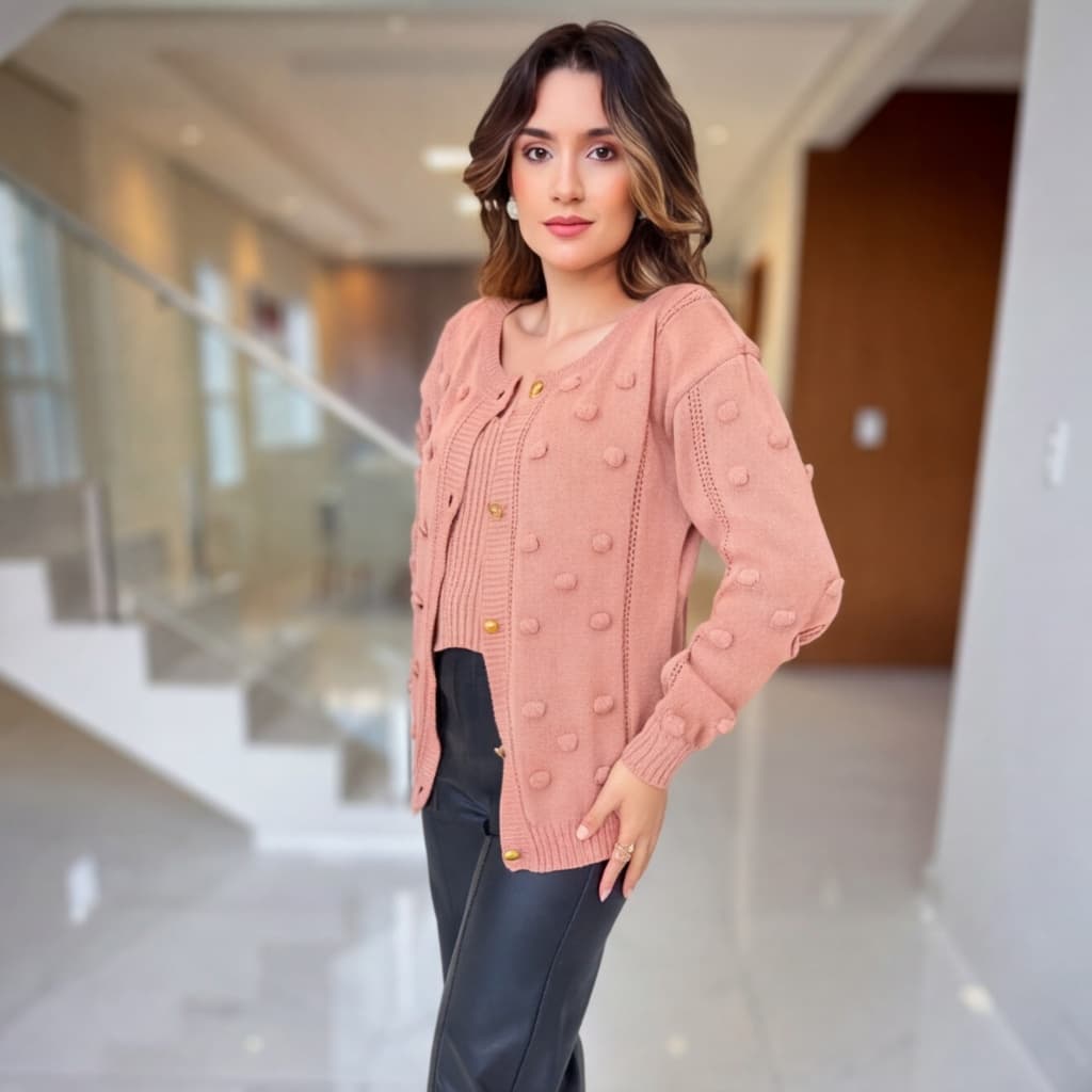 Casaco Feminino Tricô Inverno Detalhado Com Botões Estilo Cardigan Elegante