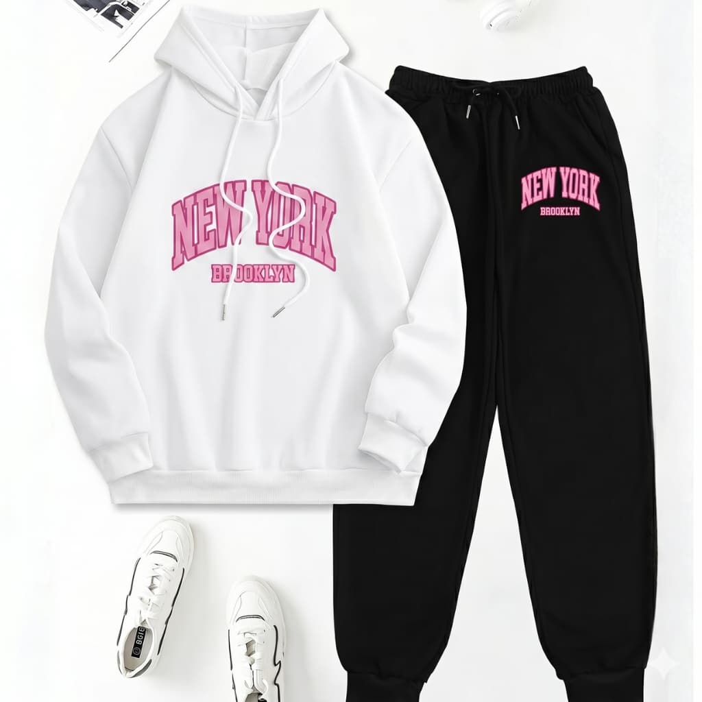 Conjunto Moletom Feminino New York Brooklyn Rosa Estilo Gringa Moletom Canguru + Cança de Abrigo