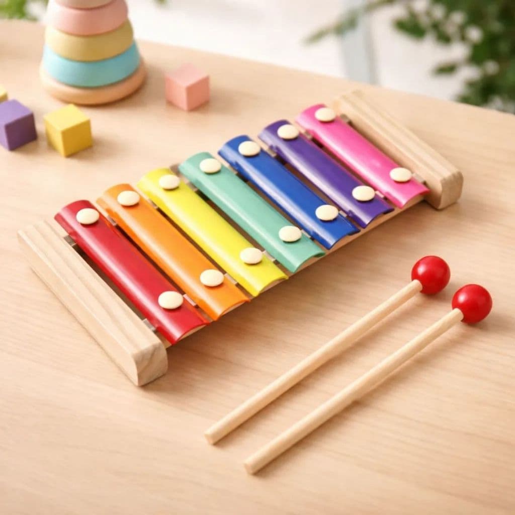 Brinquedo pedagógico Xilofone Educativo 8 Notas Madeira Teclado Musical Didático Coordenação Baqueta