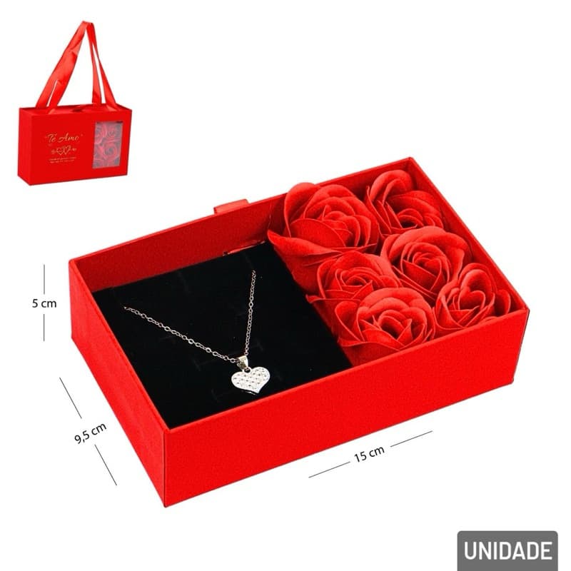 Caixa de Presente 15cm Porta Joia com Colar e Rosa