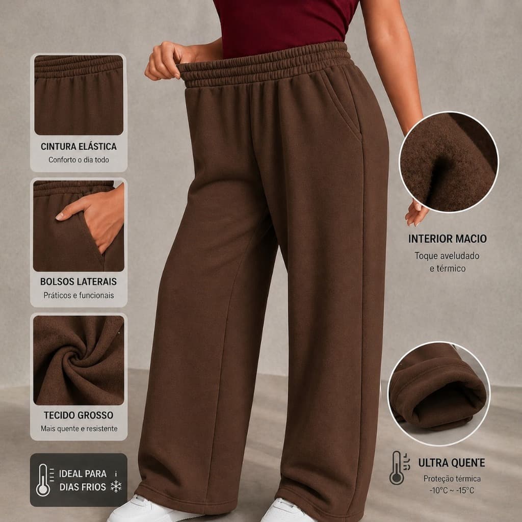 Calça Pantalona Moletom Feminina Wide Leg Cintura Alta com Elástico e Cordão Bolsos Laterais