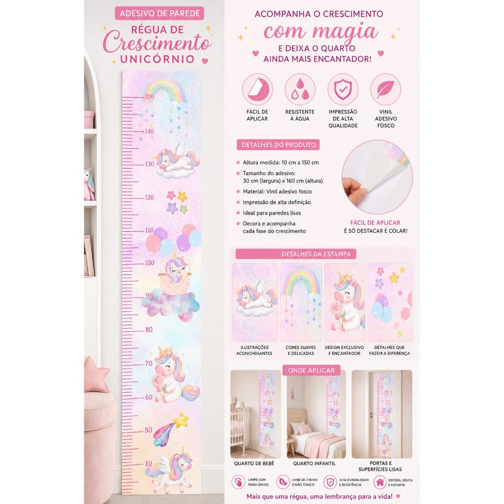 Adesivo de Parede Infantil Regua de Crescimento Unicornio 25x160cm Quarto Menina Arco Iris