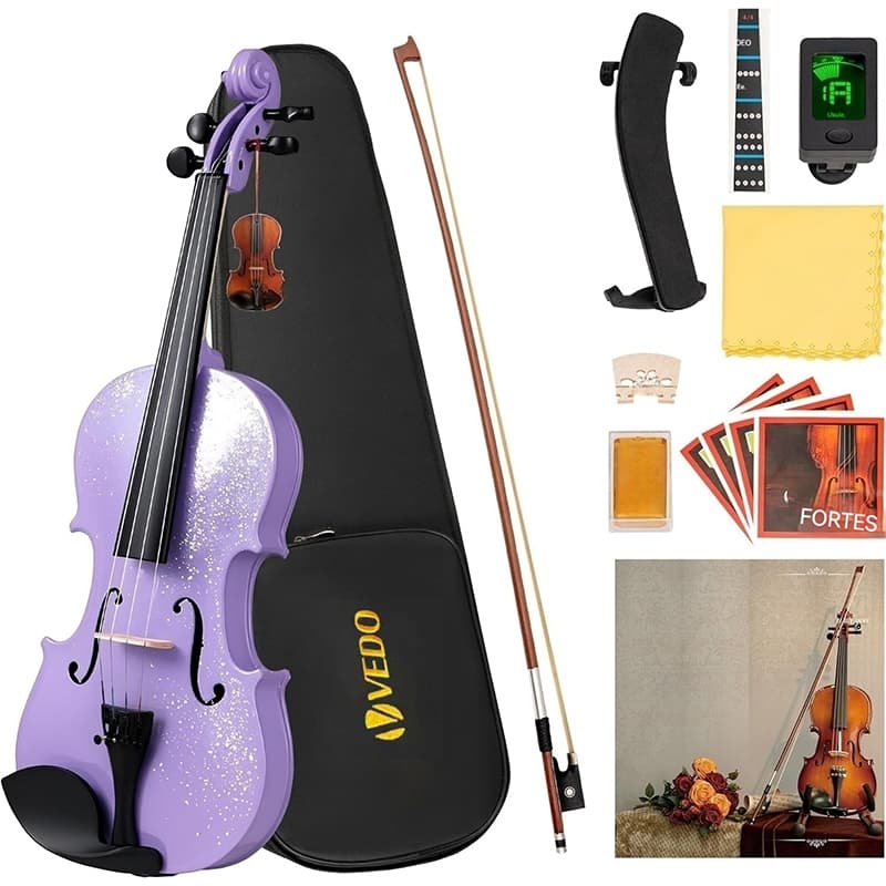 Violino acústico de madeira maciça em 4/4 com estojo, arco, resina, cordas, afinador e apoio de ombro — acessórios para
