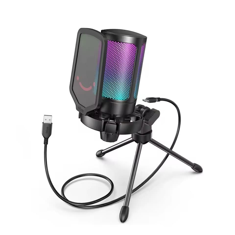 Microfone Gamer FIFINE Ampligame A6V - Condensador, RGB, Tap Mute, com Tripé