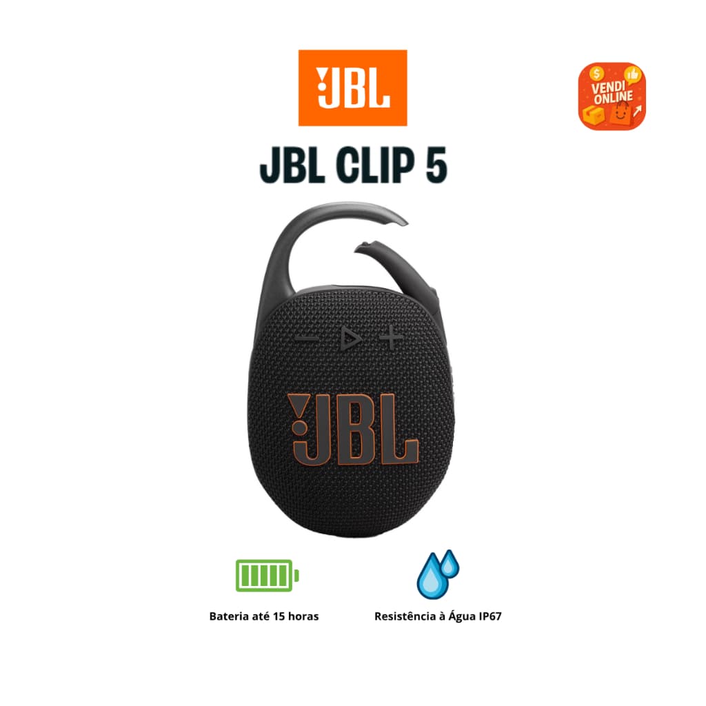 Caixa de Som JBL Clip 5 Bluetooth Portátil IP67 Resistente à Água 15h de Bateria