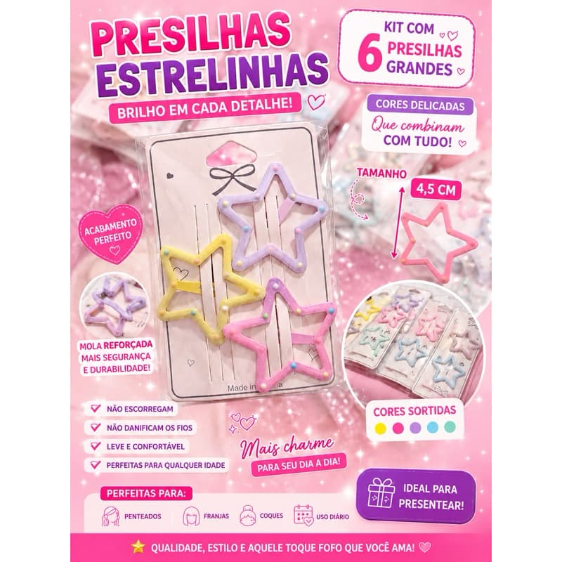 ⭐ Kit 6 Presilhas Estrelinhas Coloridas 4,5cm | Não Escorregam | Infantil Feminina ⭐