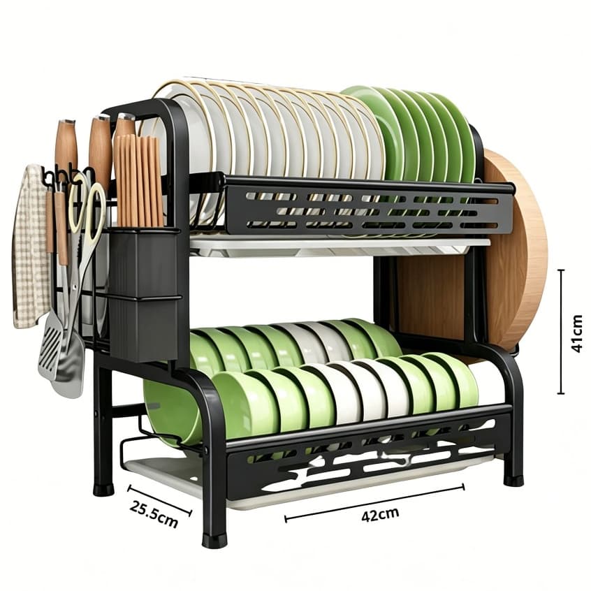 Escorredor de Louças 2 Andares 43x53cm - Organizador em Aço Inoxidável Preto para Cozinha