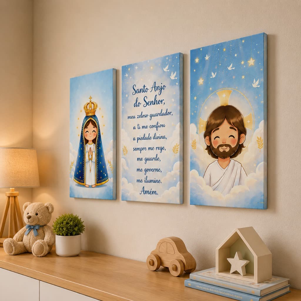 Kit Quadros Religiosos Para Quarto Infantil  Nossa Senhora e Jesus com Oração Santo Anjo