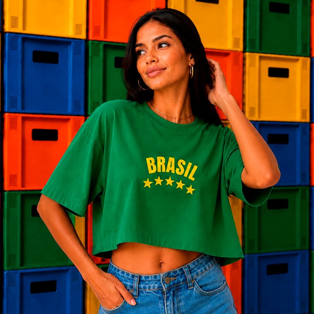 Cropped Oversized Brasil Feminino Bandeira Copa do Mundo 2026 Algodão Estampa Camiseta Tshirt
