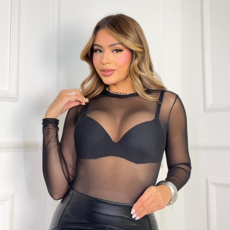 Body de Tule Feminino Bori Manga Longa Influencer Moda Feminina Blogueira Transparente Tendencia