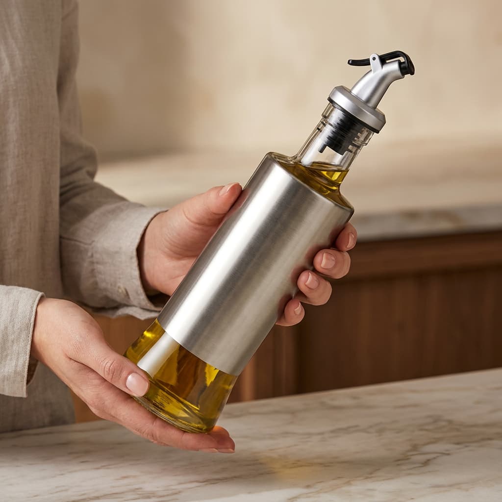 Porta Azeite Vinagre Temperos Galheteiro Dispenser Com Bico Dosador Inox Vidro 300ml