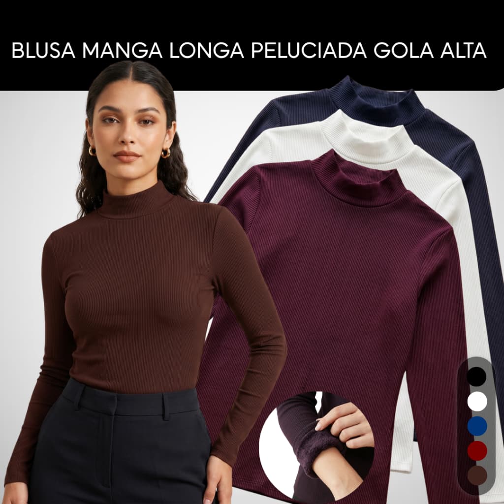 Blusa Gola Alta Peluciada Feminina Frio Manga Longa Canelada Elegante