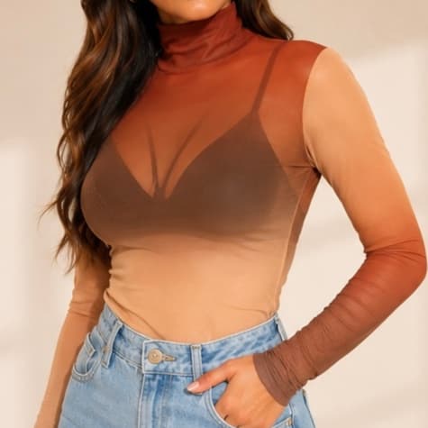 Blusa Tule Transparente Estampada Feminina Manga Longa Básica Segunda Pele