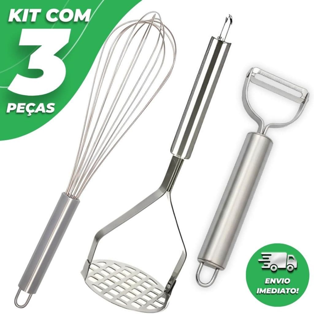 Kit Cozinha 3 Peças Inox Amassador de Batatas Purê Fue Batedor de Ovos e Descascador de Legumes e Frutas Profissional