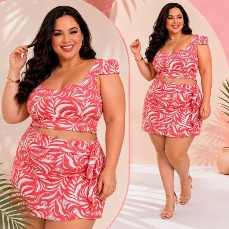 Conjunto Feminino Plus Size  Short Saia amarração + Blusa manga Tam Único 46 ao 50