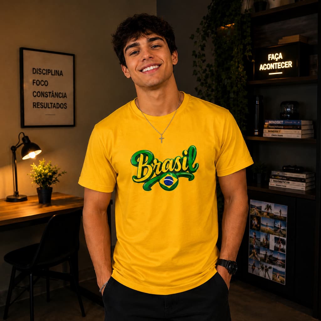 Camiseta Brasil Masculina 100% Algodão BRASIL Estampada Premium Casual Azul Verde Amarela