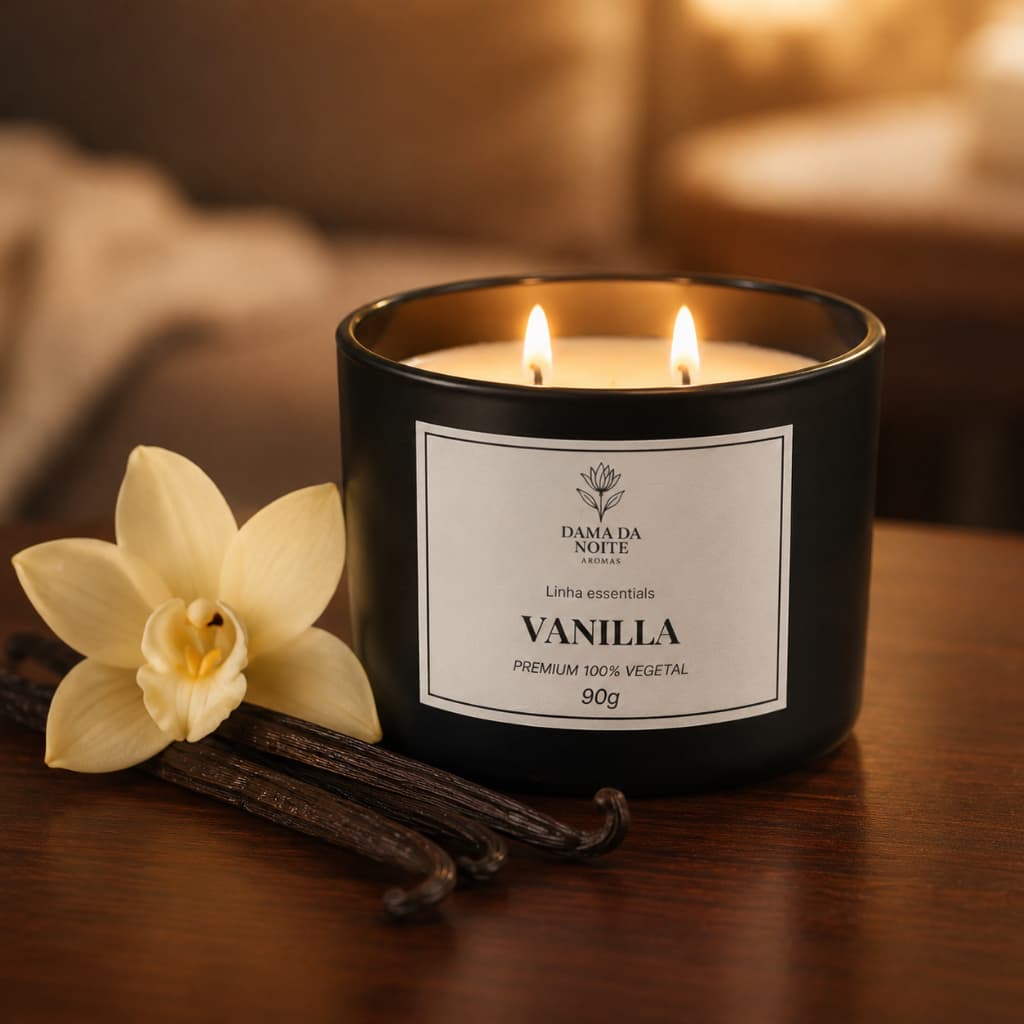Vela Aromática Premium 90g Vidro Preto Cera Vegetal Tampa Madeira Presente