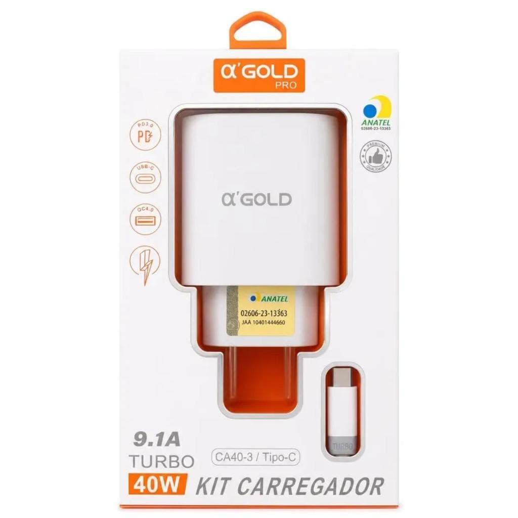 Carregador Turbo 40W Duplo A'Gold CA40-3 Kit Cabo Tipo-C Para Celular Ultra Rapido Android Potente..