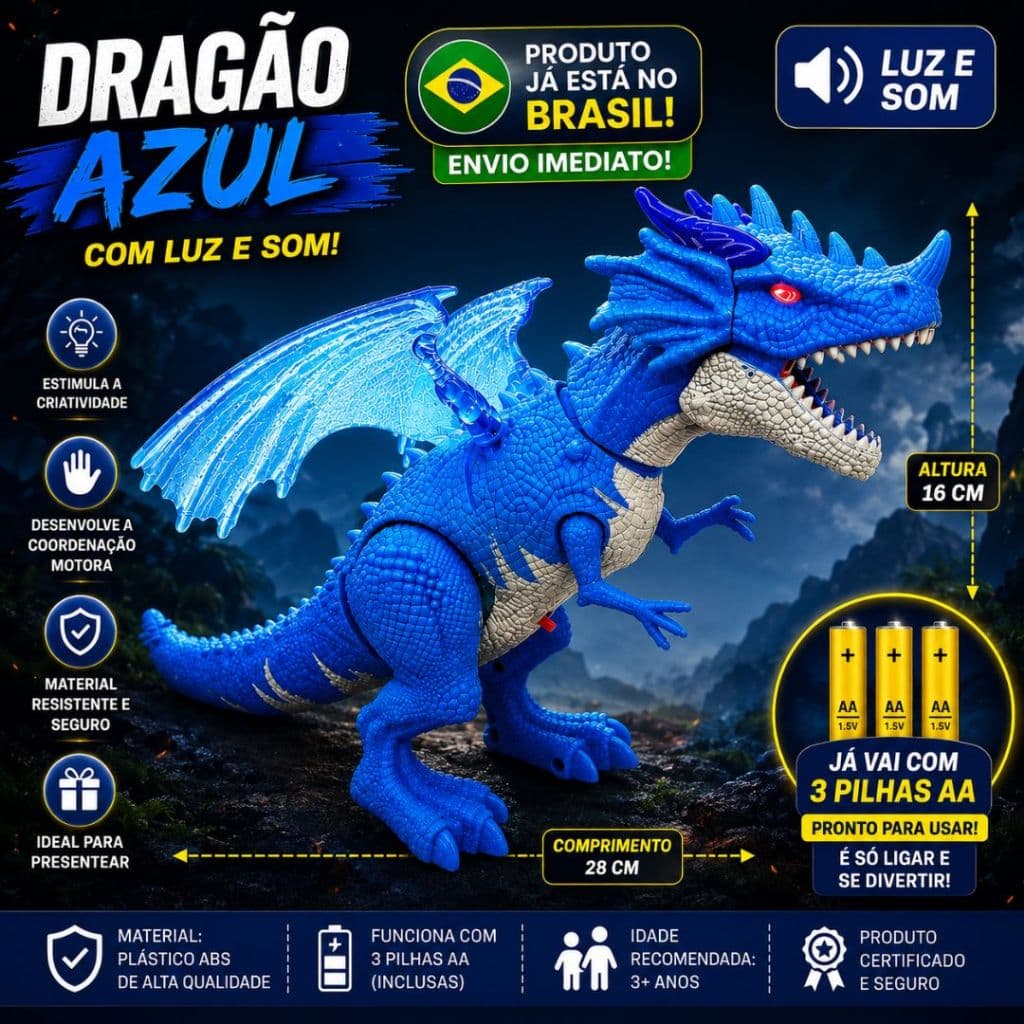 Arte brink Dragão de Brinquedo Gelo e Fogo Anda Sozinho e Solta Fumaça Ja Brasil Menino