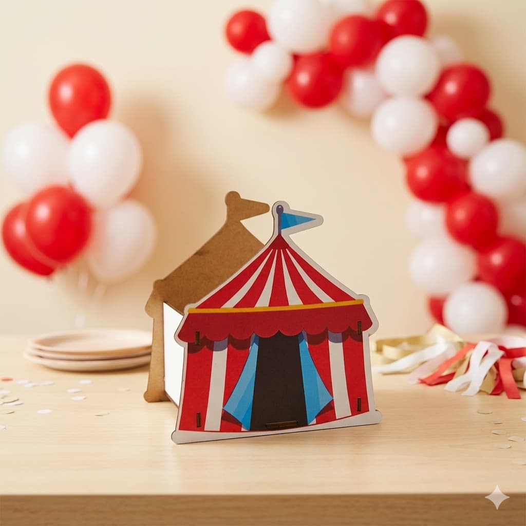 Centro de Mesa Cachepo Circo Vermelho Tenda Adesivado mdf lembrancinhas aniversários e festas circo encantado